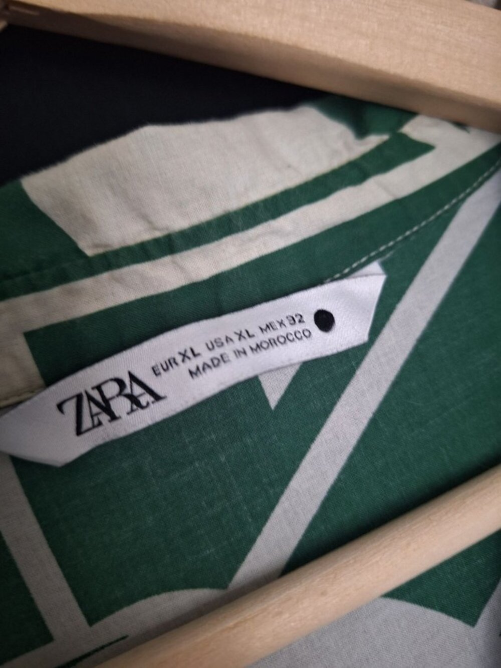 💙 Zara Green Geometric Tiered Midi Shirt Dress Size XL Cotton Button Front Over - Picture 3 of 8